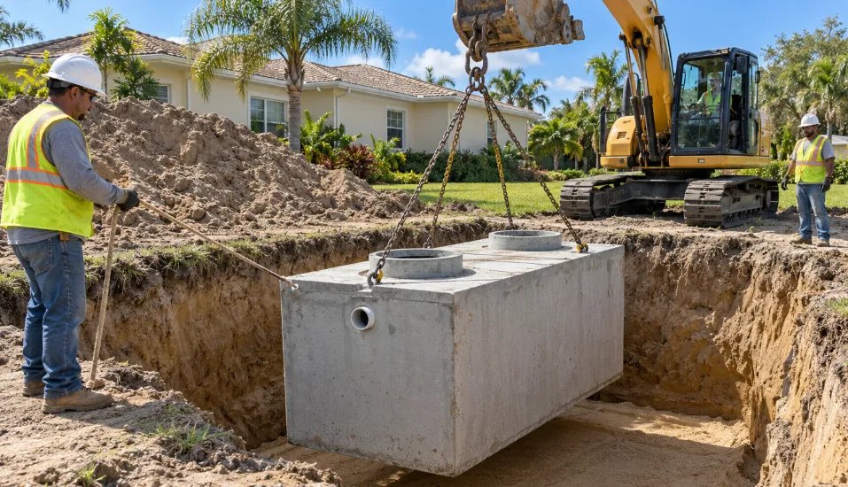Illustration of a concrete septic tank installation at a Florida property