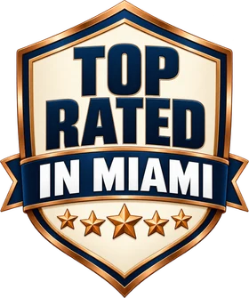Top Rated in Miami bronze shield badge with five stars